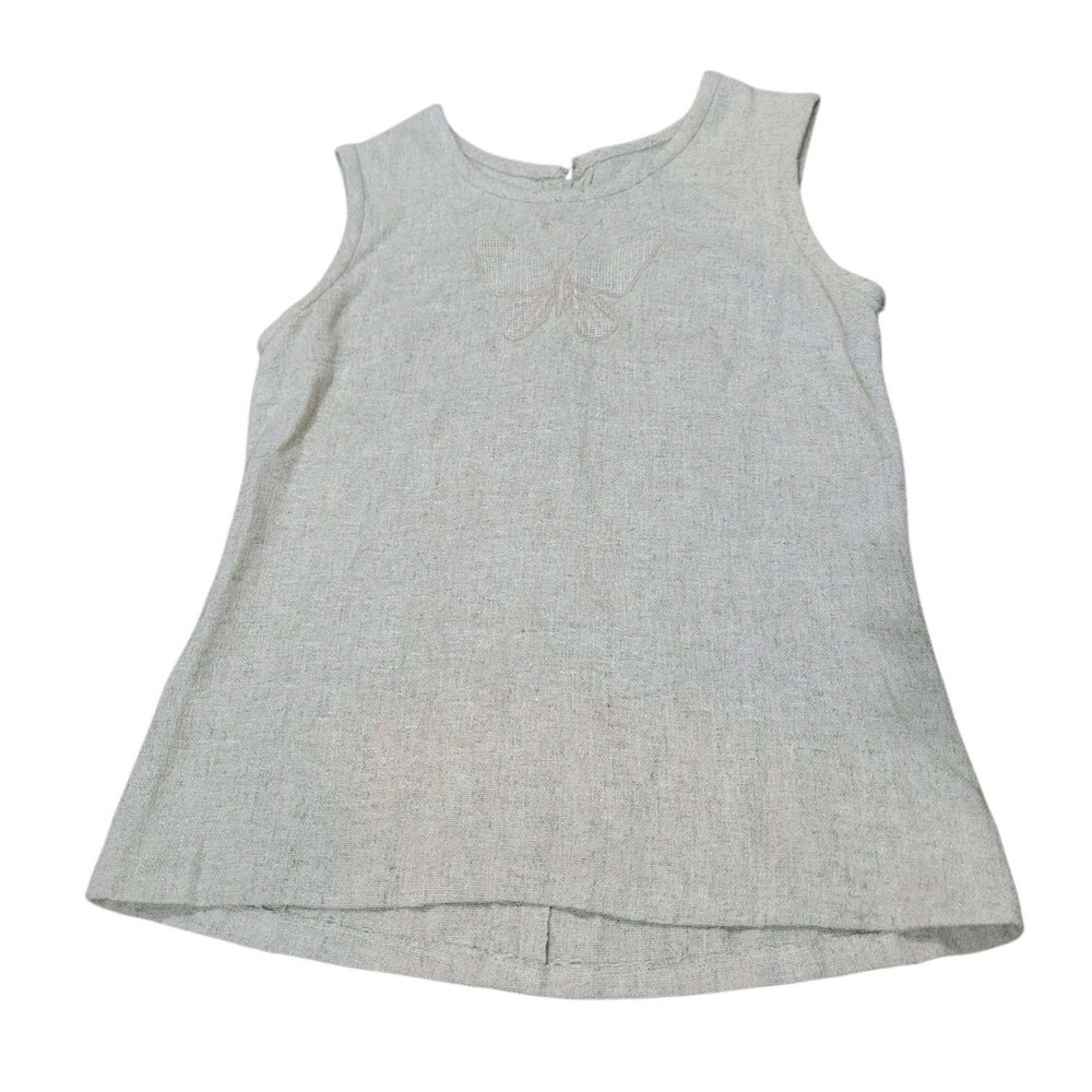 Beige Sleeveless Butterfly Linen Look Tunic Tank Top Boxy Boho Indie Granola S